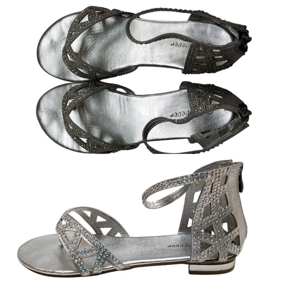 FOREVER Rhinestone Back-Zip 1/2" Heel Ankle Strap Thong Sandals Size 8 Silver